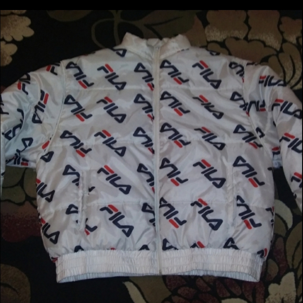 Vtg 90s Fila All Over Puffer Bomber Jacket
